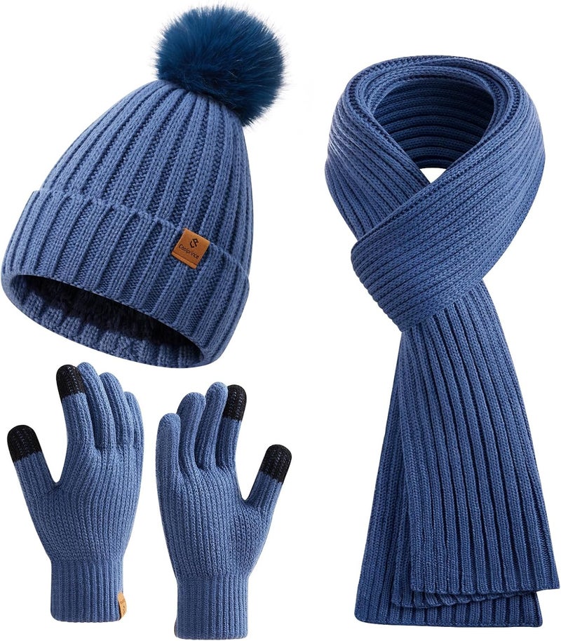 Coolprince Womens Long Scarf Gloves and Hat Set Cold Weather Hat Scarf Glove Set for Women Winter Beanie Hats with Pom Pom - Image 1